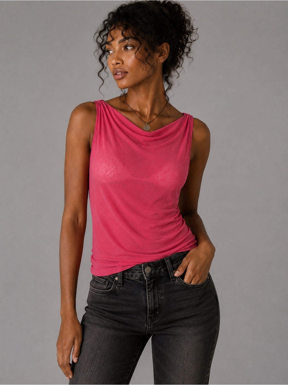 Sweet Pea Stacy Frati Pink Mesh Cowl Neck Sleeveless Top Women’s Small Y2K